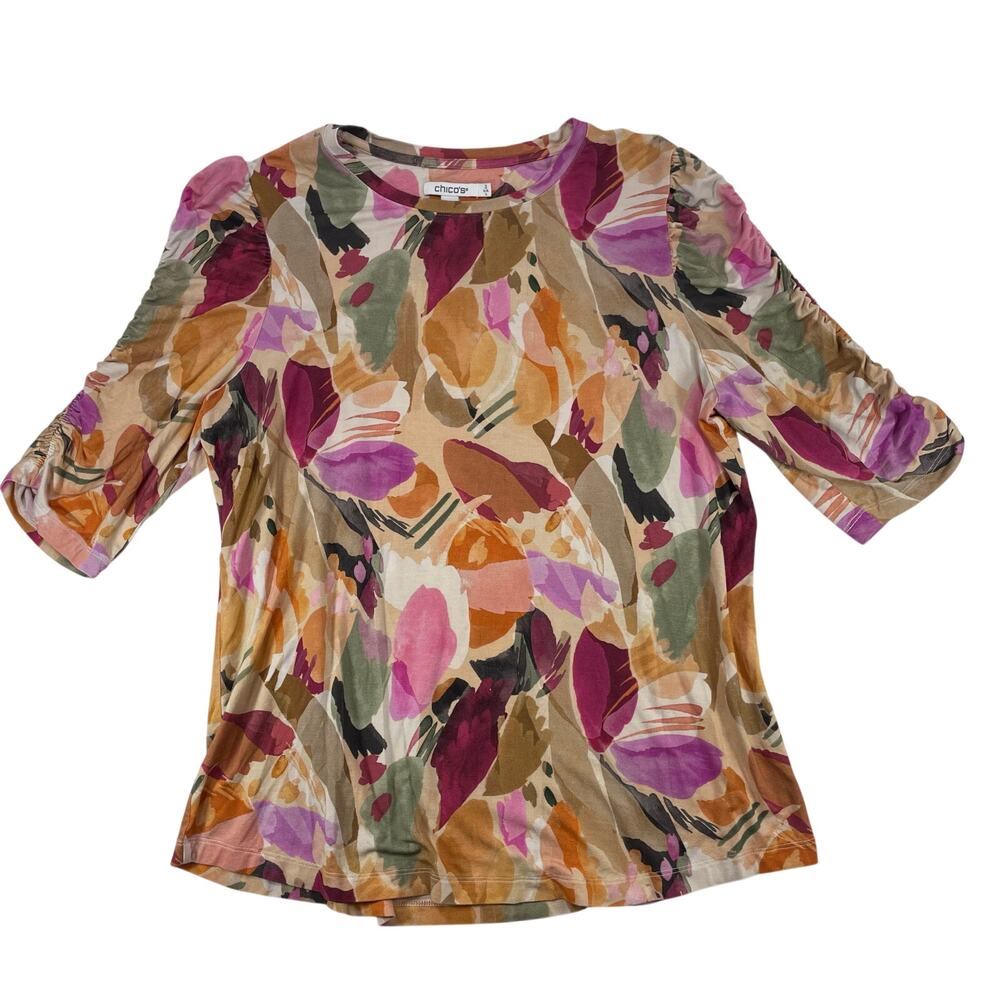 Chico's Abstract Floral Ruched Sleeve Knit Top Pink Orange Size 2 L Women's